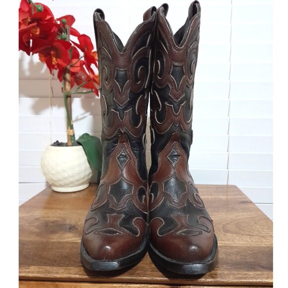 Women's Leather Tooled Snip Toe Brown Black J.B Dillon Cowboy Boots sz 7.5B - Picture 2 of 13